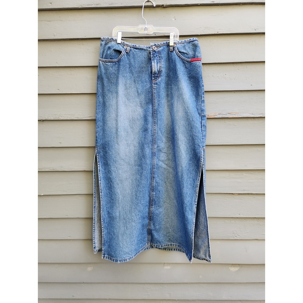 Vintage 90s y2k Hot Kiss Maxi Skirt Blue Glitter Denim Side Slit Size 13
